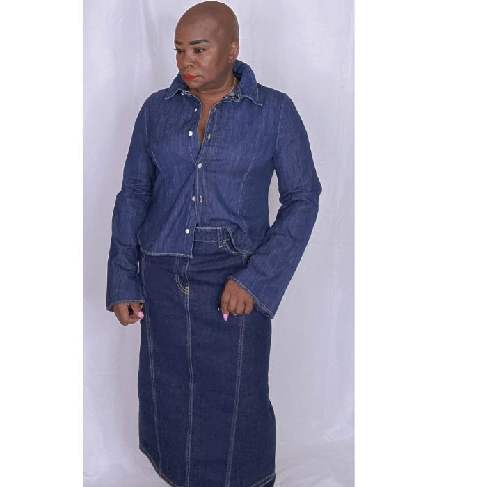 Blue Jean skirt, designed with a flattering stretch fit and a stylish back split.